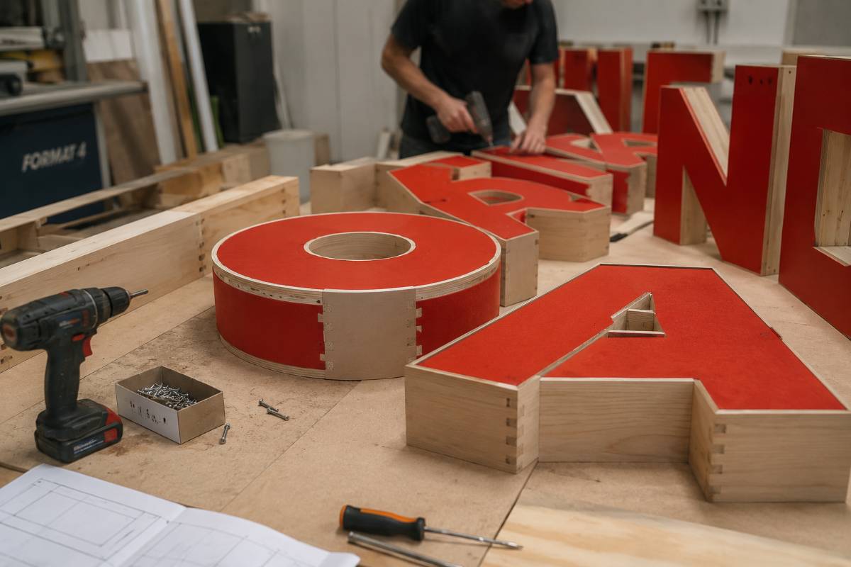 Proceso de fabricación en taller — carpintería y ensamblaje del stand de Leonardo